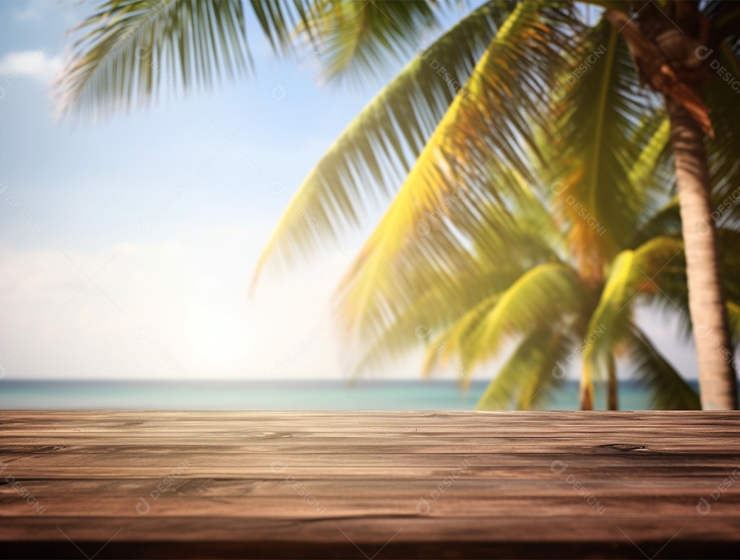 Tampo de madeira sobre fundo de coqueiros a beira mar.