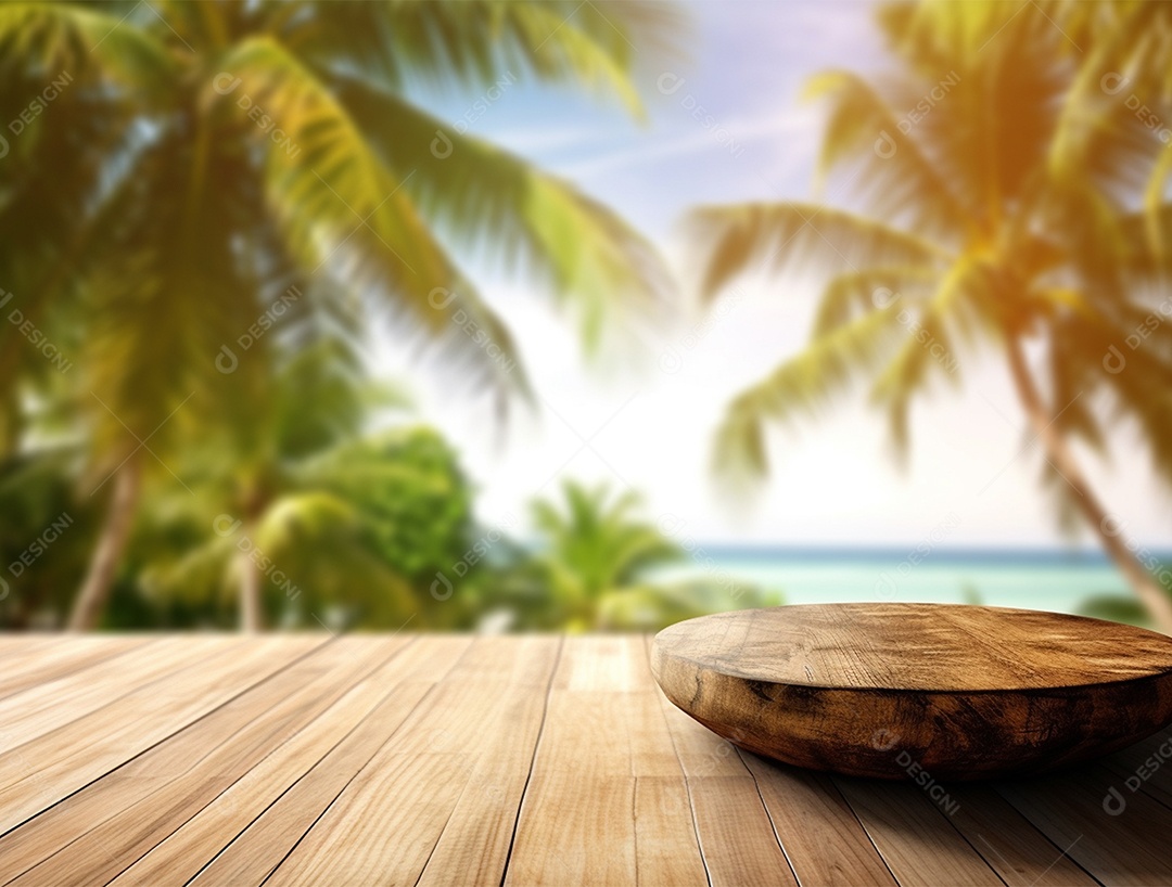 Tampo de madeira sobre fundo de uma praia ao nascer do sol.