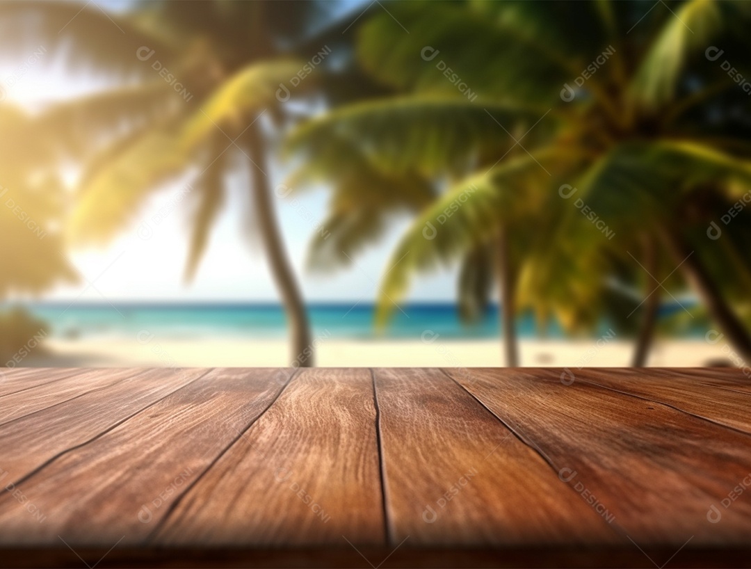 Tampo de madeira sobre fundo de coqueiros a beira mar.