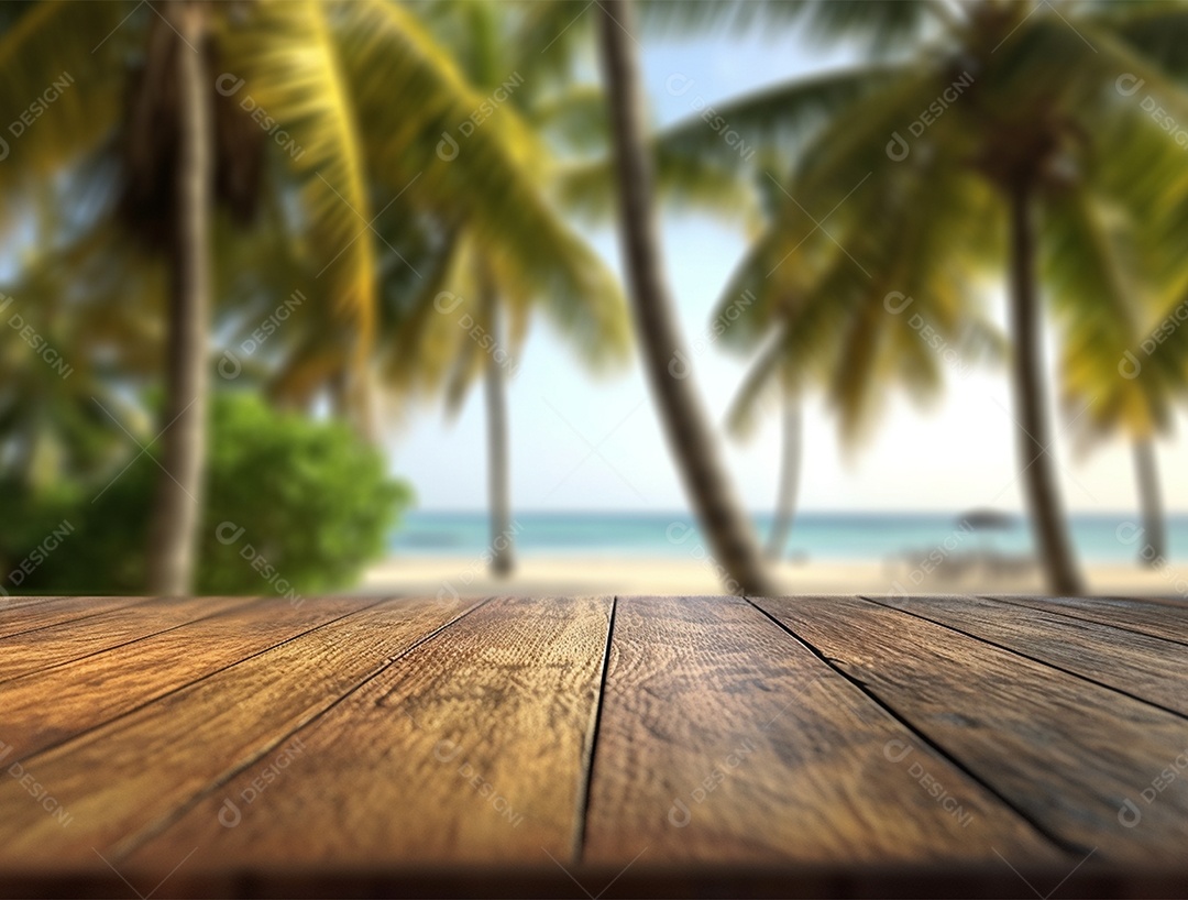 Tampo de madeira sobre fundo de coqueiros a beira mar.
