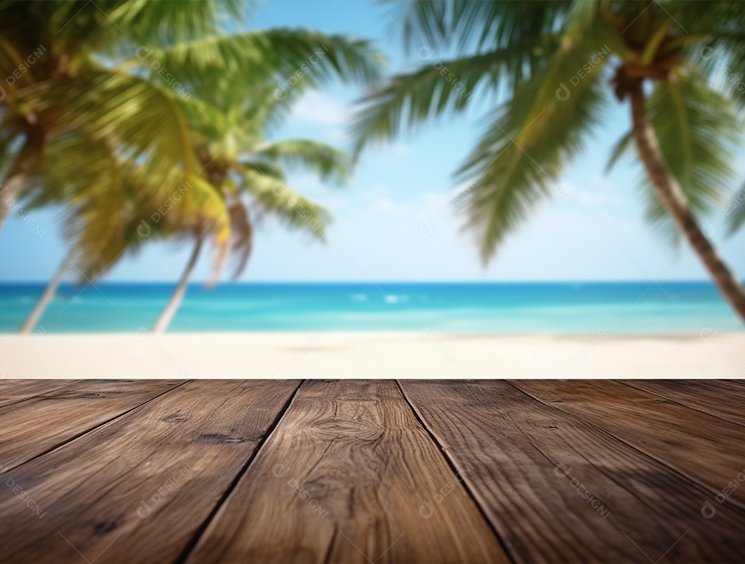 Tampo de madeira sobre fundo com coqueiros a beira mar.