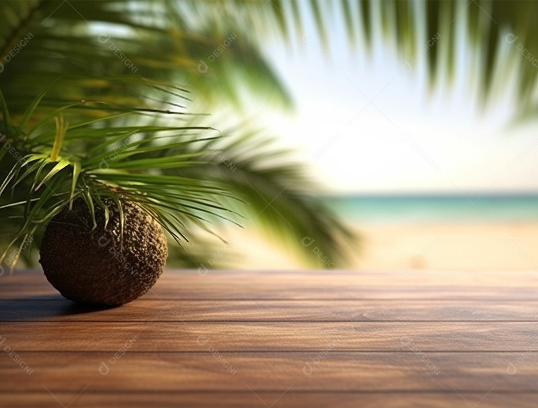 Tampo de madeira sobre fundo desfocado de uma praia ao nascer do sol.