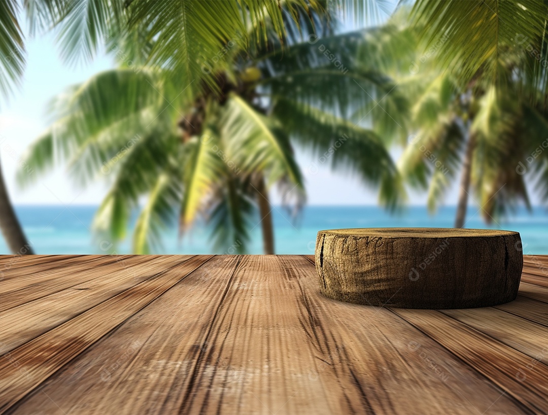 Tampo de madeira sobre fundo de um mar azul.