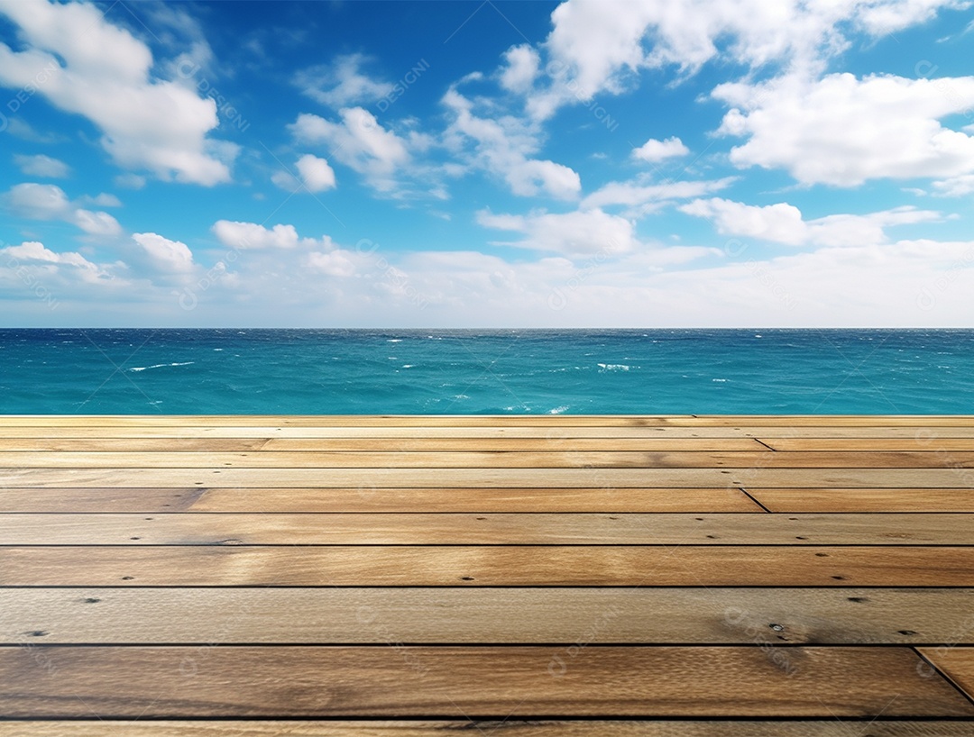 Tampo de madeira sobre fundo de um mar azul.
