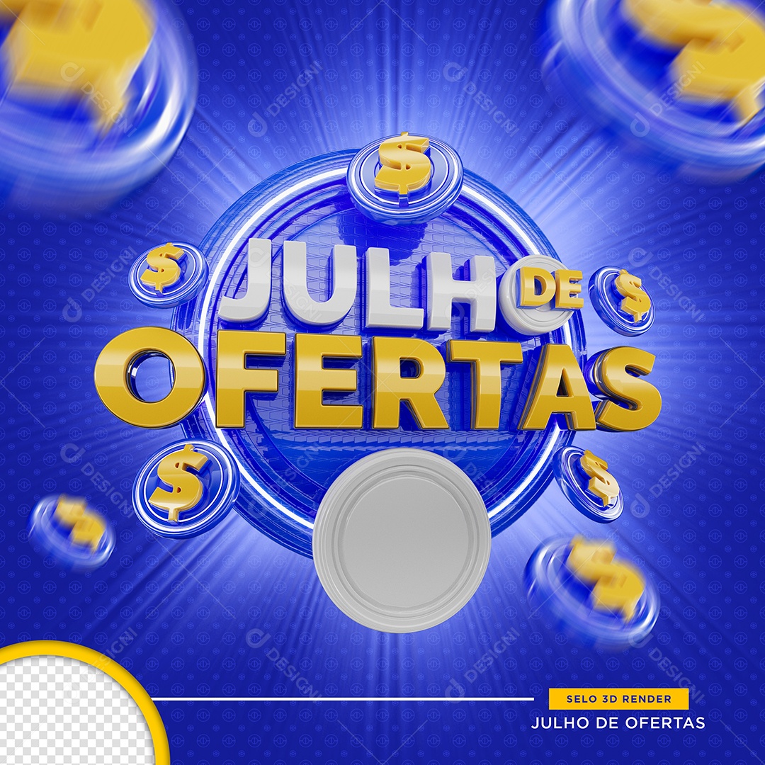 Julho de Ofertas Azul Selo 3D Para Composição PSD