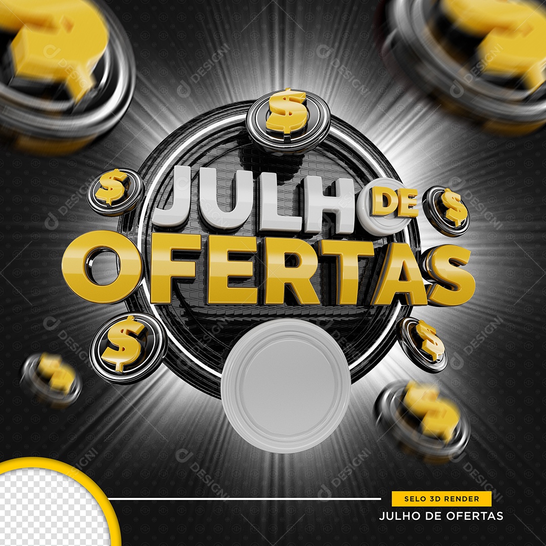 Julho de Ofertas Amarelo Selo 3D Para Composição PSD