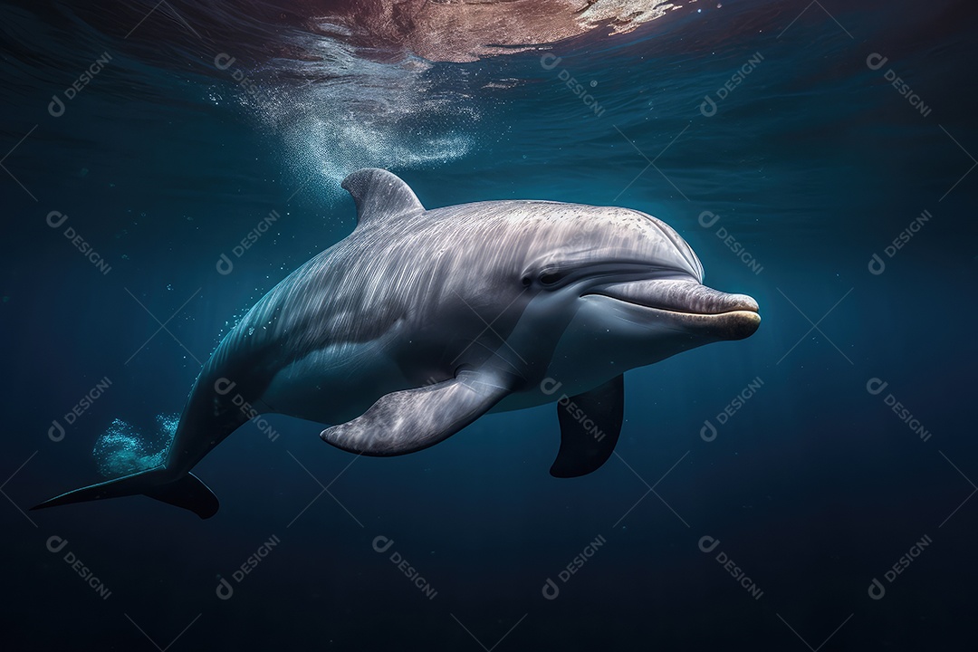 Golfinhos simpáticos e lindos nadando pelos fundo do oceano gerado por IA