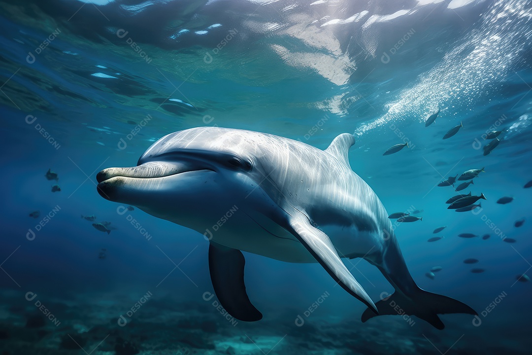 Golfinhos simpáticos e lindos nadando pelos fundo do oceano gerado por IA