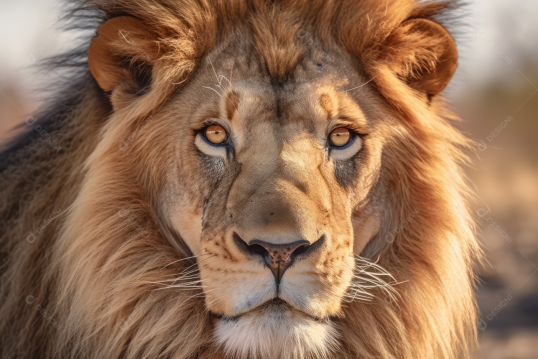 Leão olhando para a câmera fundo bonito fundo de savana gerado por IA