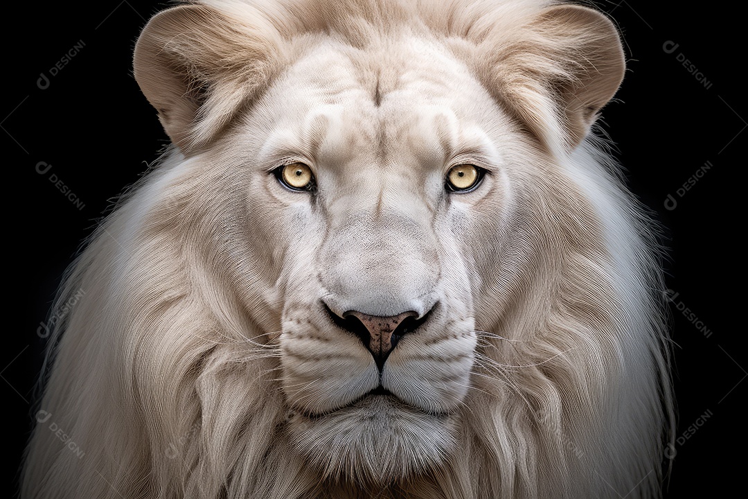 Leão vista frontal fundo preto fotografia hiper-realista gerada por IA