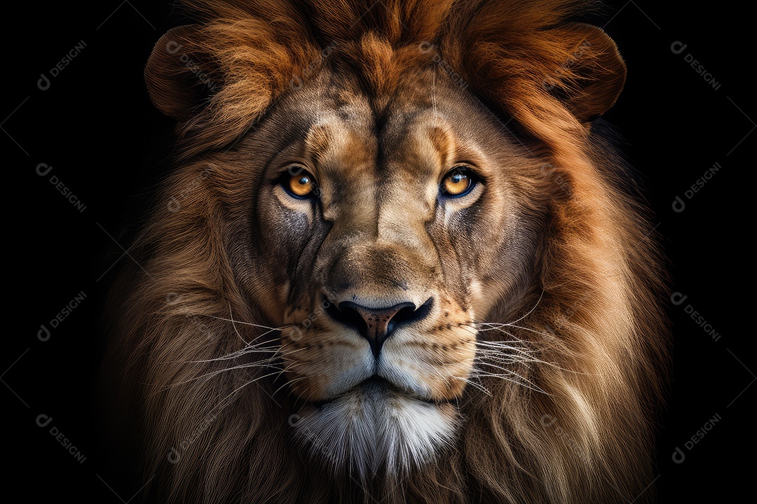 Leão vista frontal fundo preto fotografia hiper-realista gerada por IA