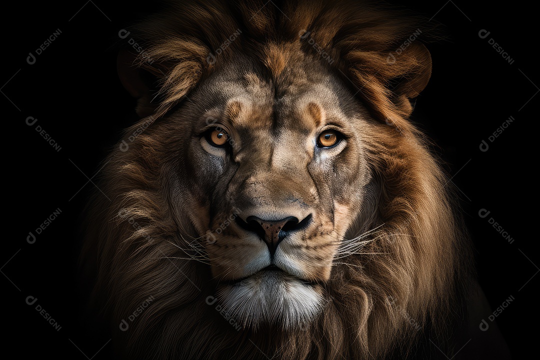 Leão vista frontal fundo preto fotografia hiper-realista gerada por IA