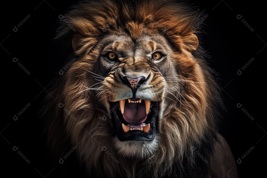 Leão vista frontal fundo preto fotografia hiper-realista gerada por IA