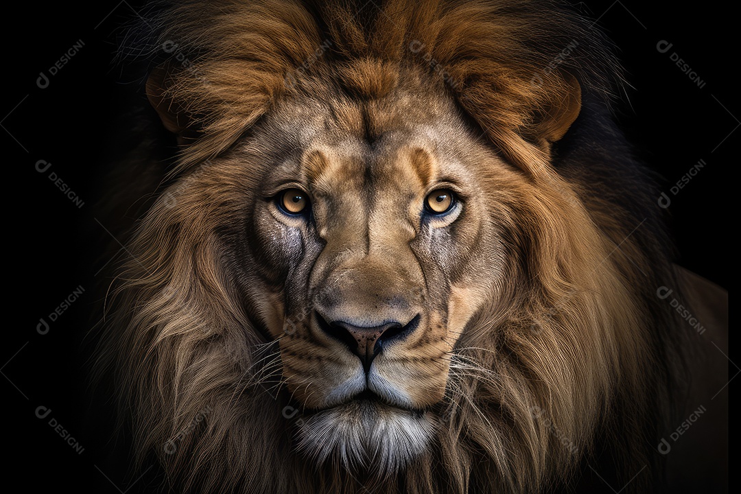 Leão vista frontal fundo preto fotografia hiper-realista gerada por IA