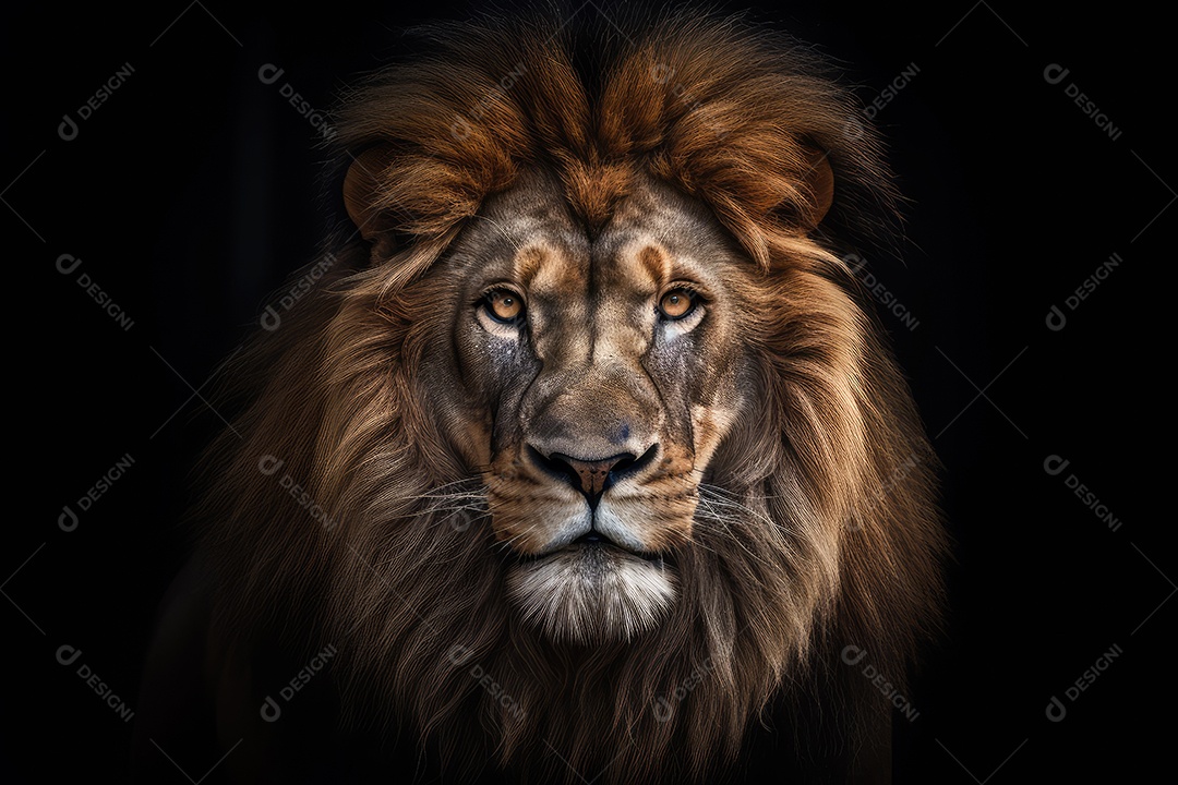 Leão vista frontal fundo preto fotografia hiper-realista gerada por IA