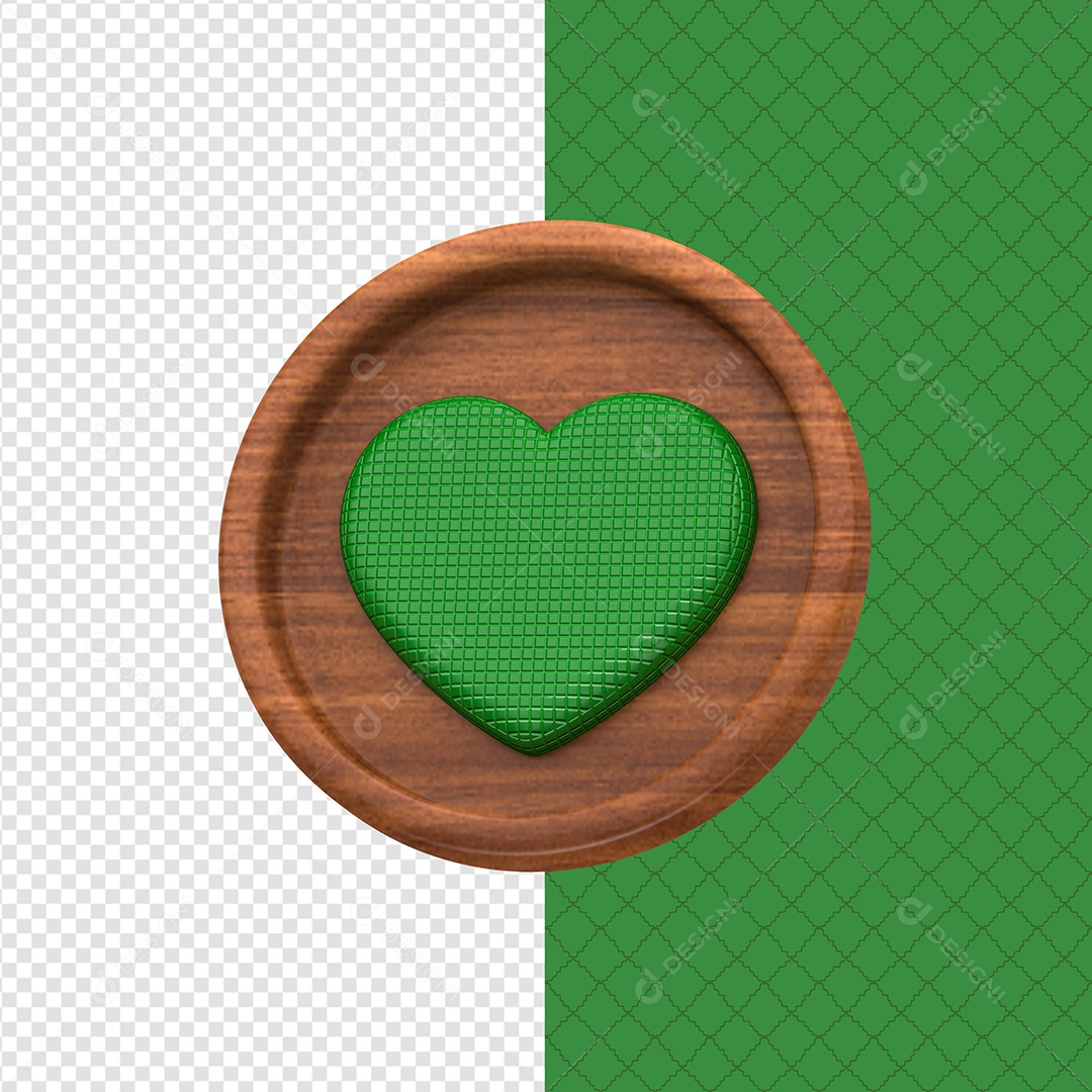 Elemento 3D Forma Circular De Madeira Com Coração Verde Para Composição PSD