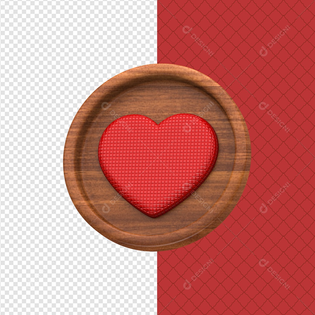 Elemento 3D Forma Circular De Madeira Com Coração Vermelho Para Composição PSD