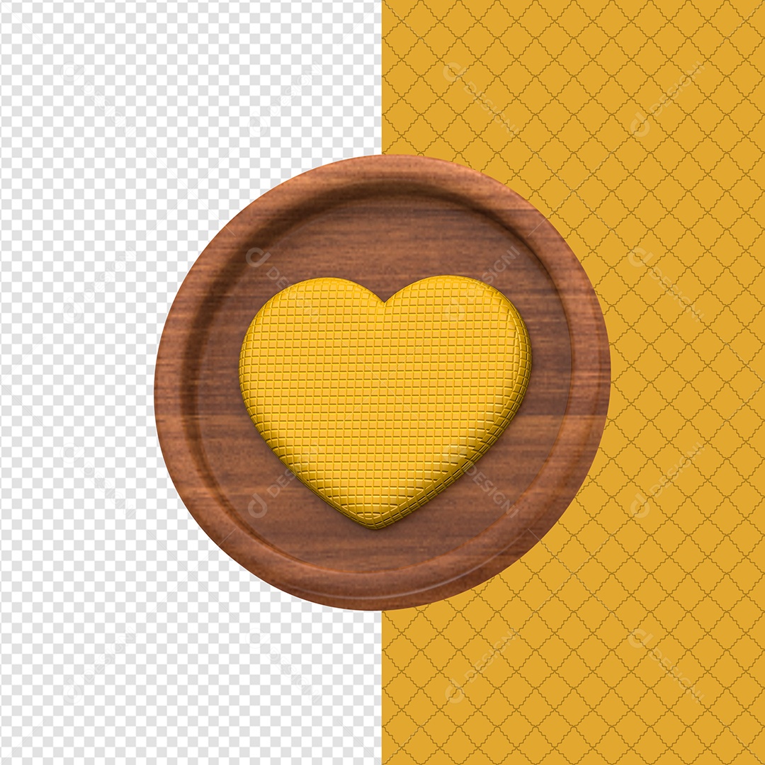 Elemento 3D Forma Circular De Madeira Com Coração Amarelo Para Composição PSD