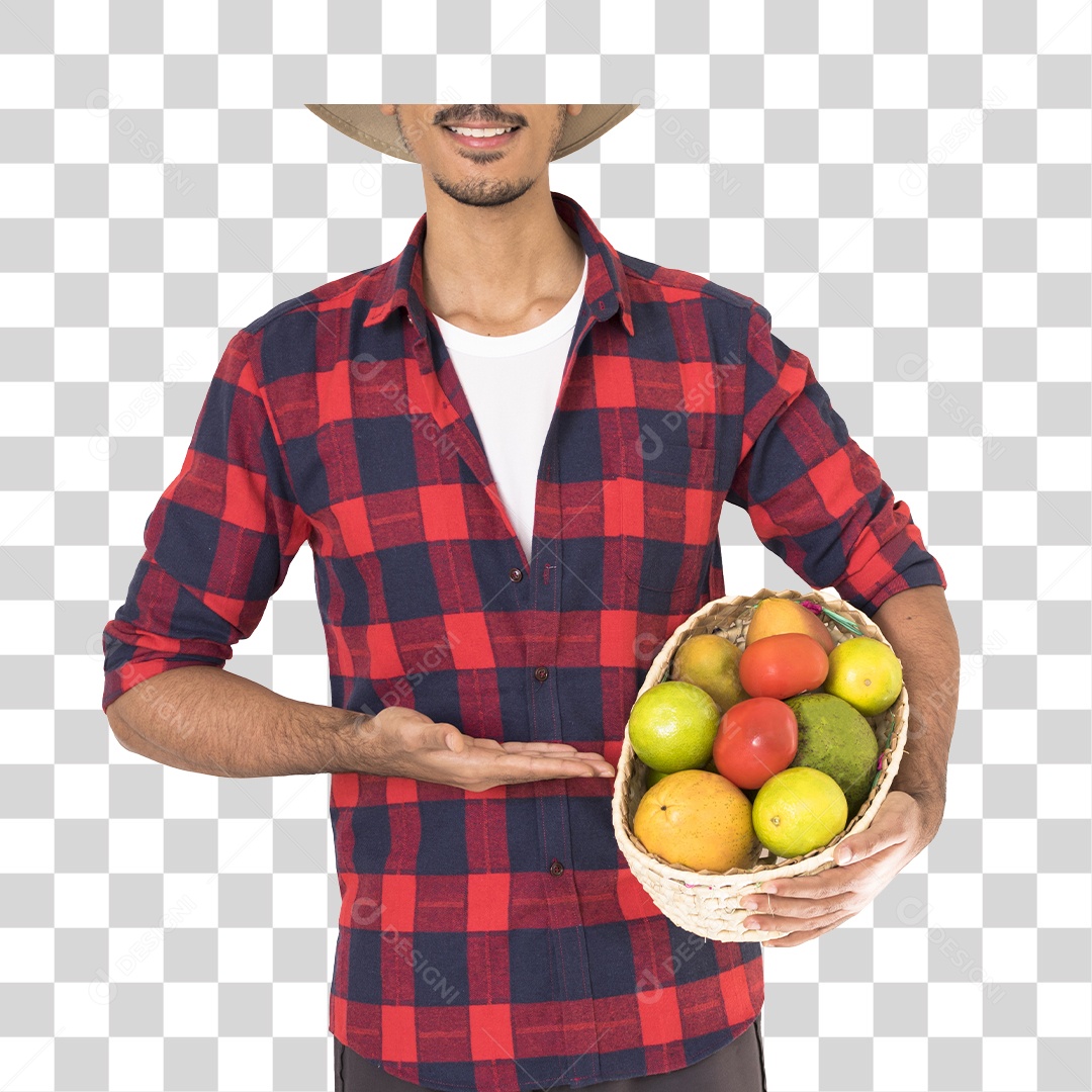 Jovem Fazendeiro Com Camisa Quadriculada Segurando Uma Cesta de Frutas e Verduras PNG Transparente