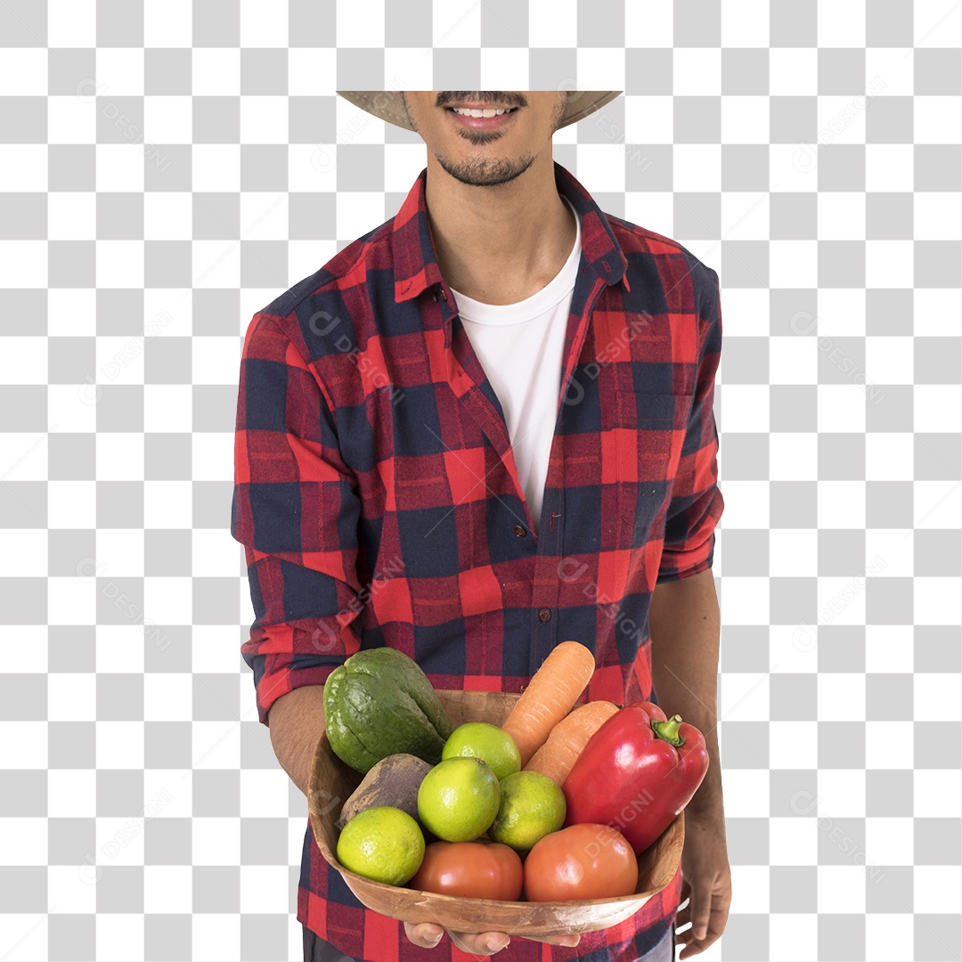 Jovem Fazendeiro Com Camisa Quadriculada Segurando Uma Cesta de Frutas e Verduras PNG Transparente