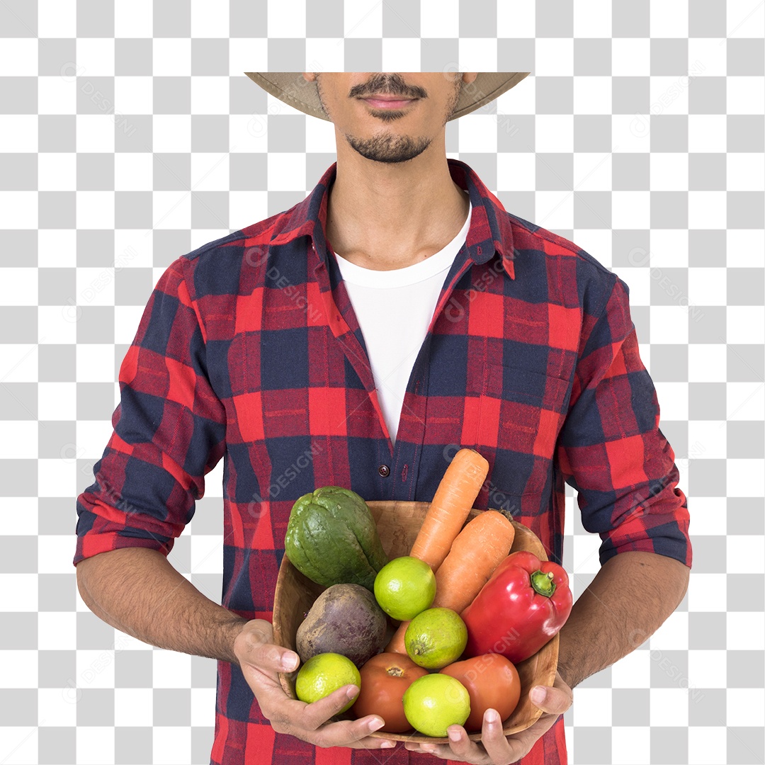 Jovem Fazendeiro Com Camisa Quadriculada Segurando Uma Cesta de Frutas e Verduras PNG Transparente