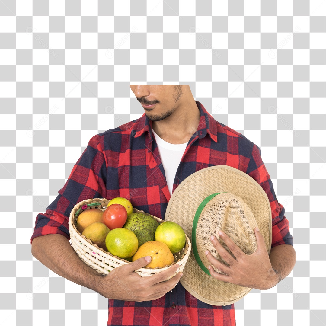 Jovem Fazendeiro Com Camisa Quadriculada Segurando Frutas e Verduras PNG Transparente