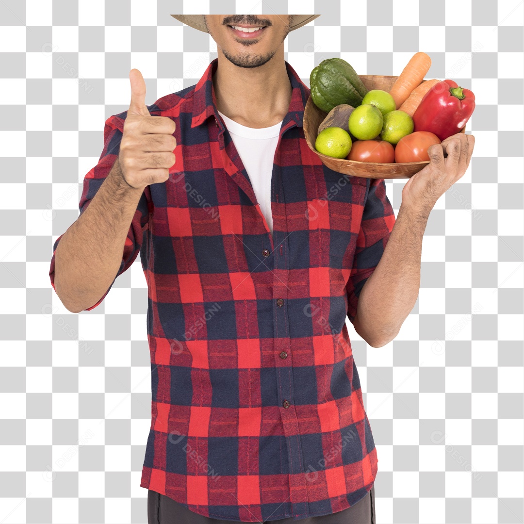 Jovem Fazendeiro Com Camisa Quadriculada Segurando Uma Cesta de Frutas e Verduras PNG Transparente