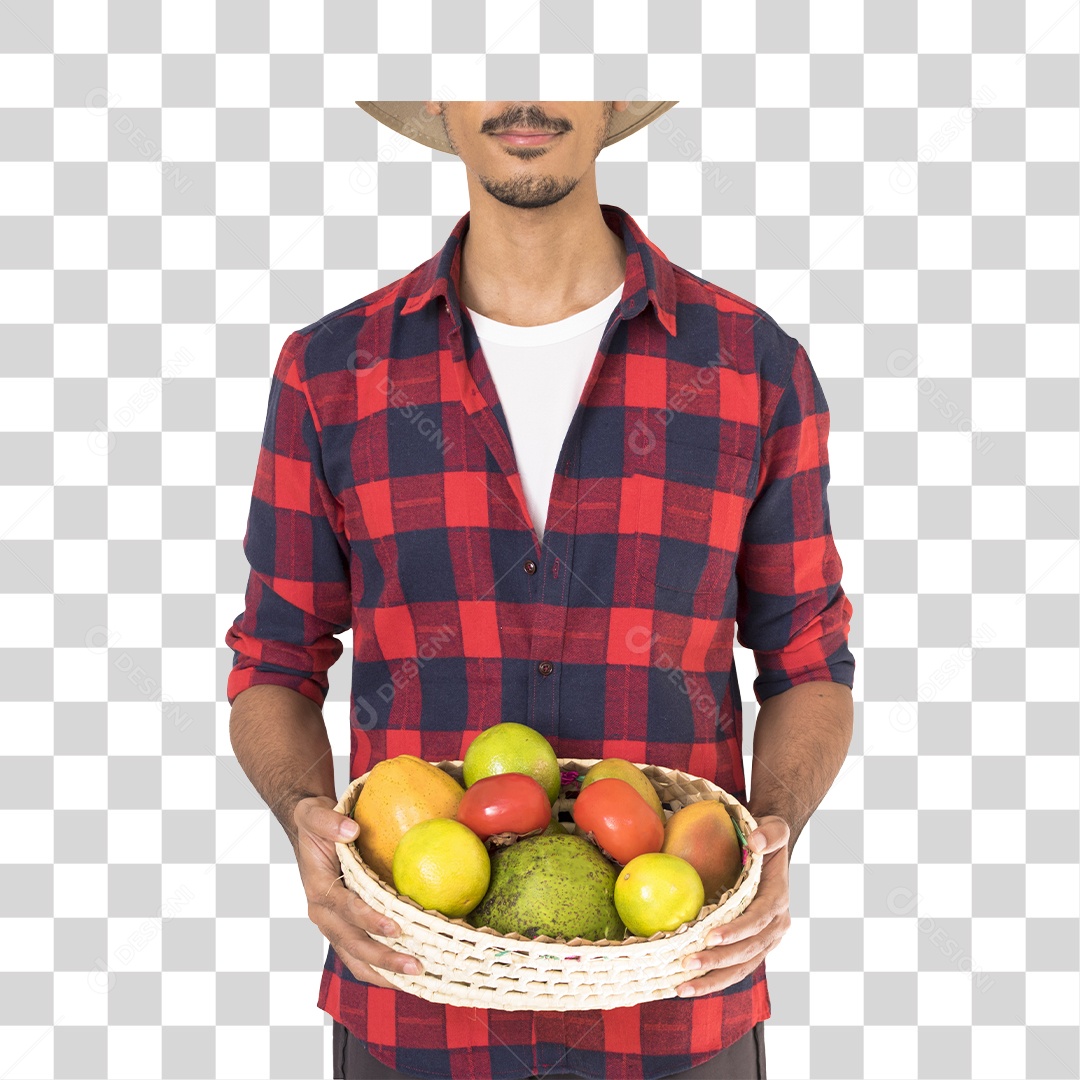 Jovem Fazendeiro Com Camisa Quadriculada Segurando uma Cesta de Frutas e Verduras PNG Transparente