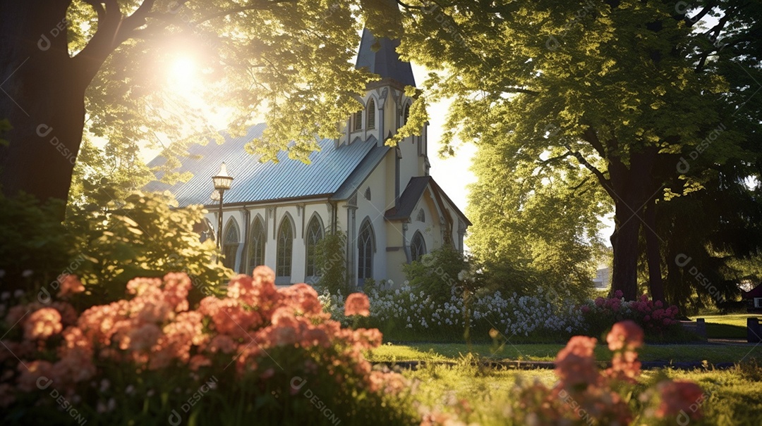 Detalhes da igreja católica no campo com belas flores