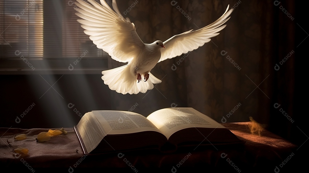 Pássaro branco sobre bíblia, Espirito Santo detalhes da igreja