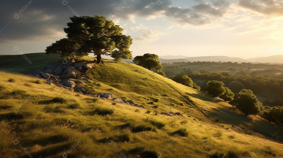 Lindo monte sobre pôr do sol