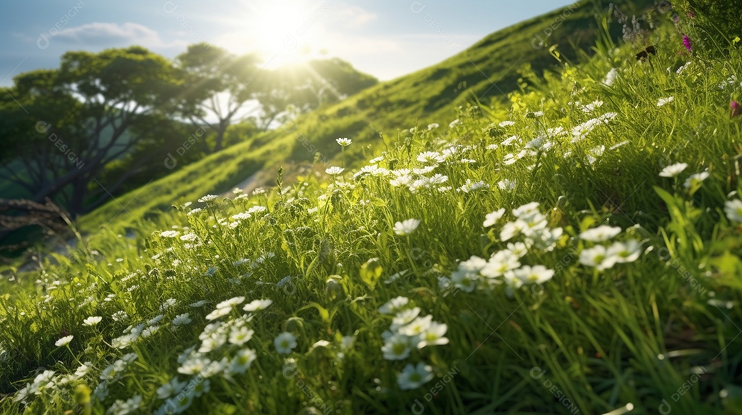 Lindo campo verde com flores sobre raios solares