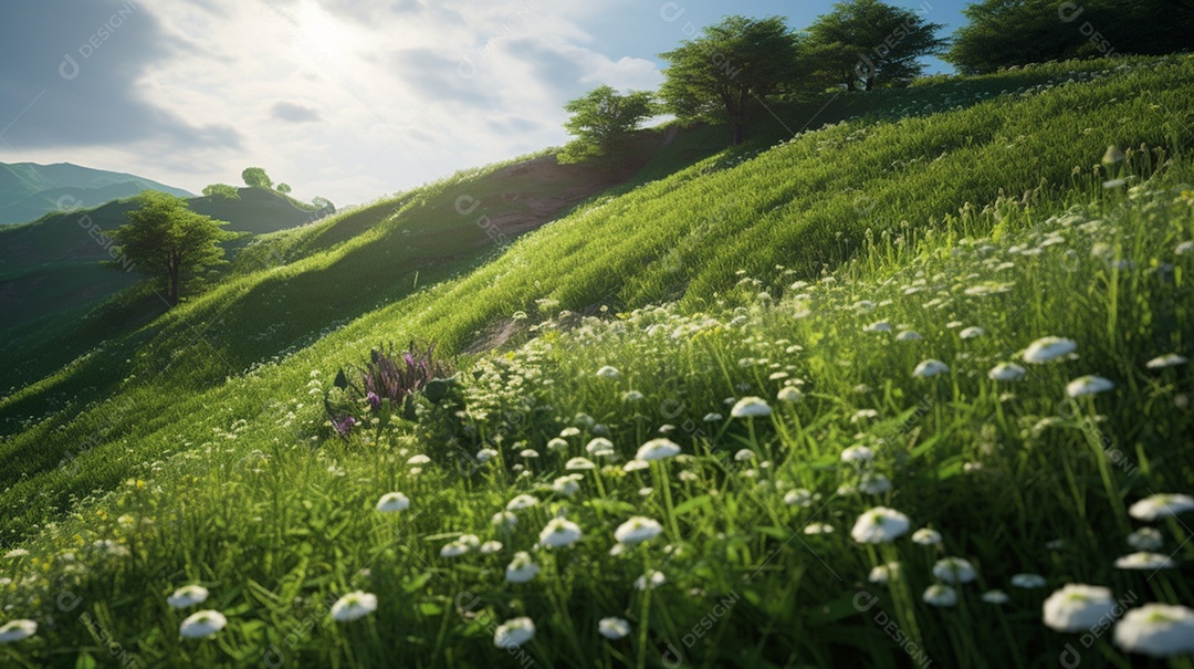 Lindo campo verde com flores sobre raios solares