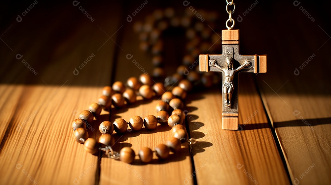 Terço com cruz sobre a mesa de madeira