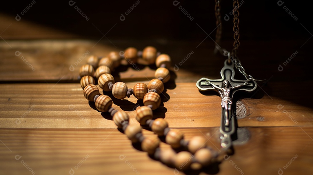 Terço com cruz sobre a mesa de madeira