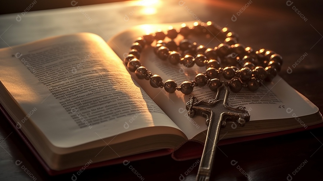 Bíblia e terço sobre mesa de madeira