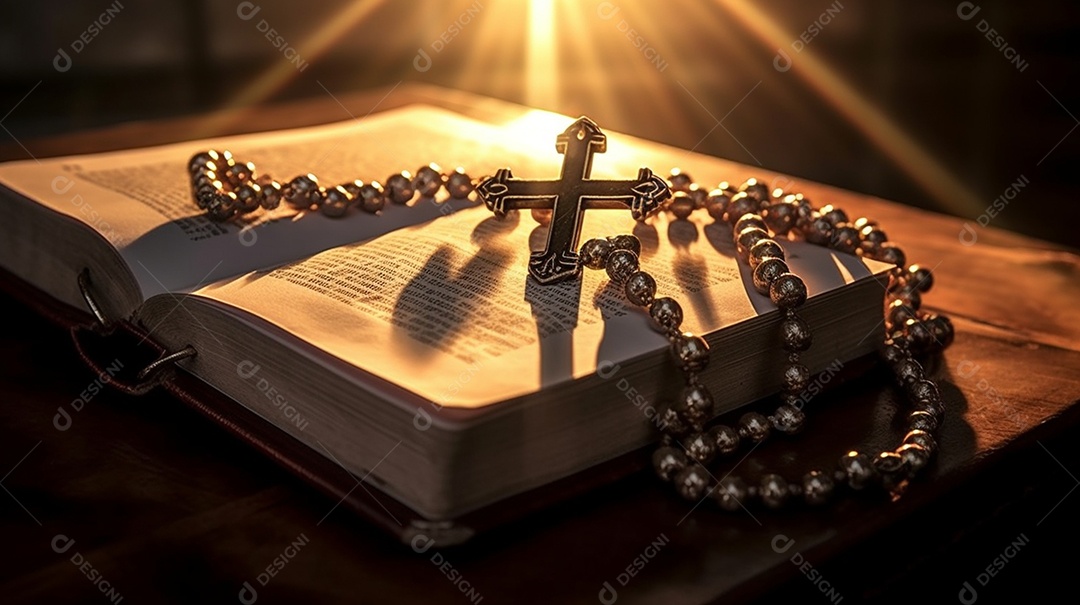 Bíblia e terço sobre mesa de madeira