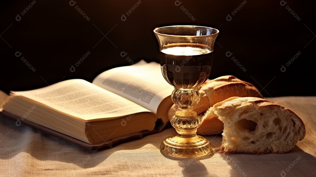 Detalhes da bíblia taça de vinho e pão