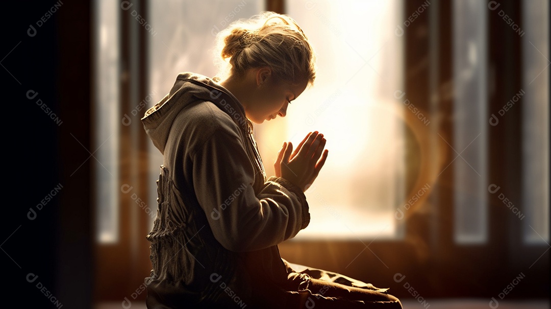 Garota de joelhos orando