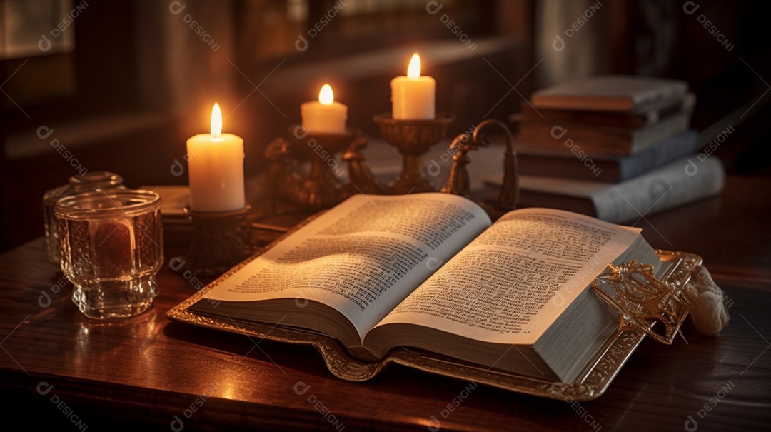 Detalhes bíblia aberta e velas sobre a mesa
