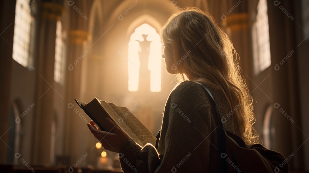 Garota lendo a bíblia na igreja