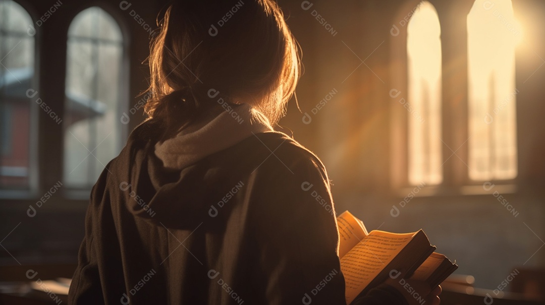 Garota lendo a bíblia na igreja
