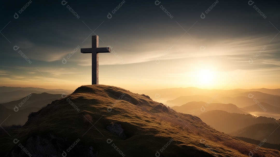 Detalhes da cruz sobre o monte em pôr do sol