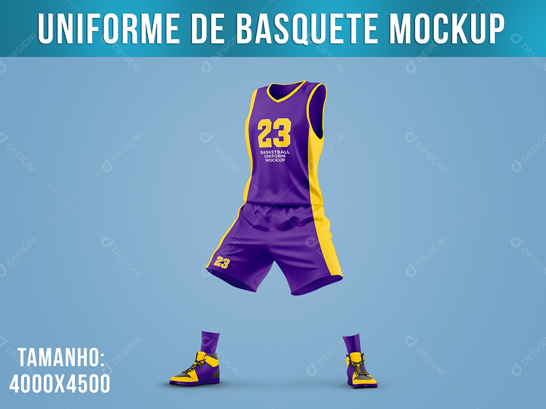 Uniforme de Basquete Mockup Jogador Bola Jogo Bermuda Camiseta Tênis Meia PSD Editável