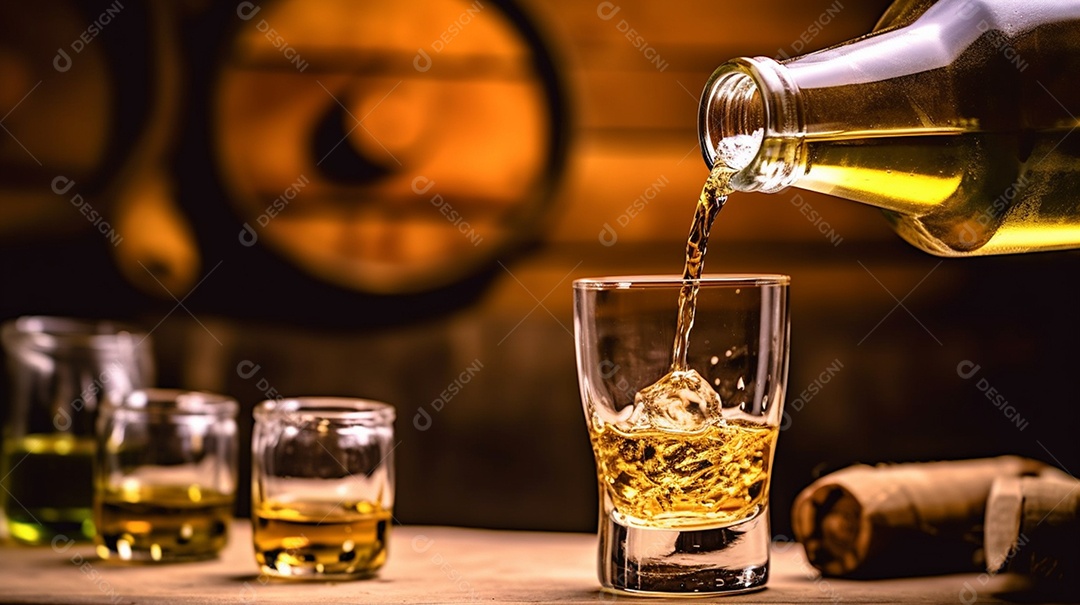 Garrafa e copo de uísque em mesa de bar