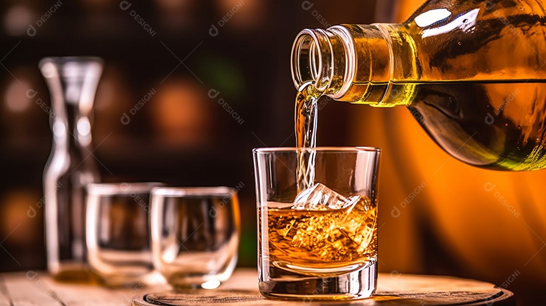 Garrafa e copo de uísque em mesa de bar