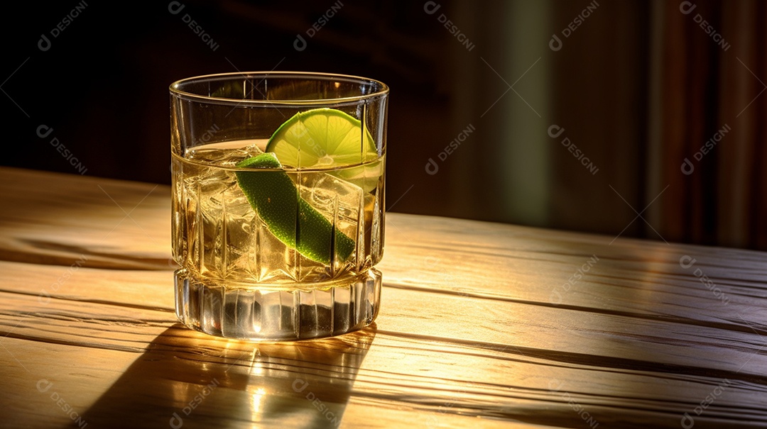 Copo de bebida sobre a mesa de madeira