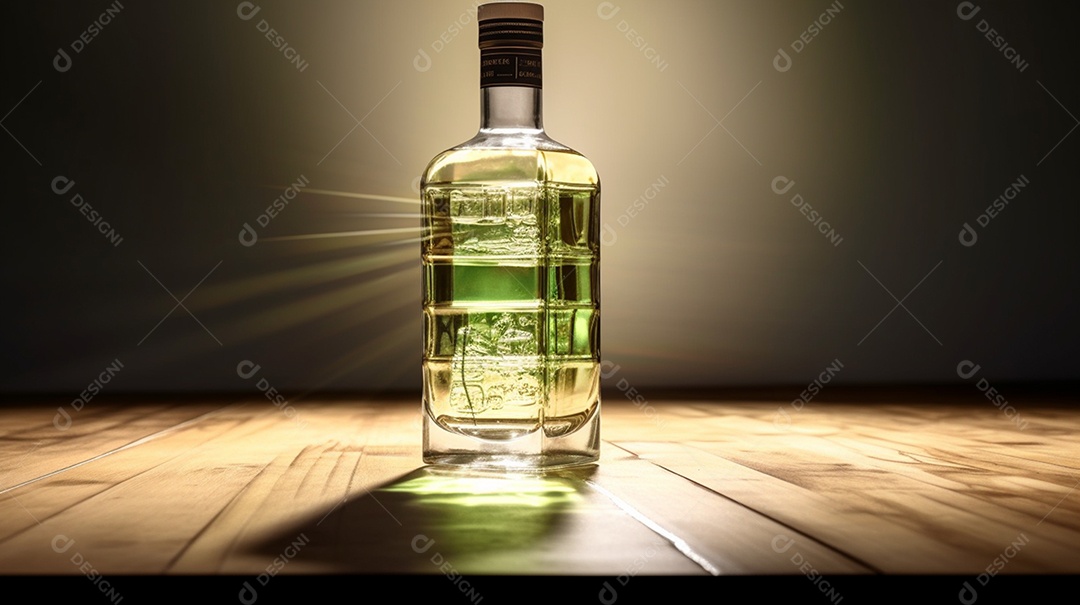 Garrafa de bebida sobre a mesa de madeira