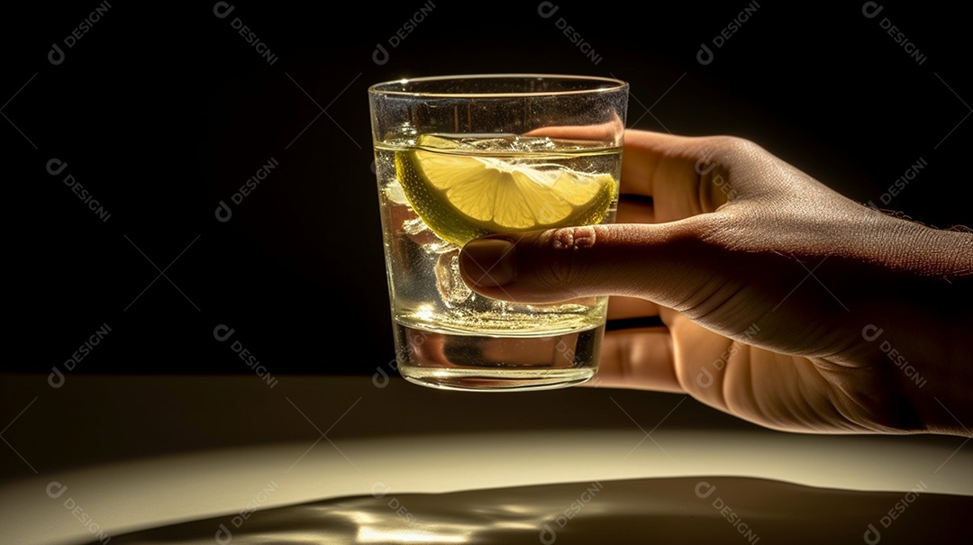 Copo de bebida alcoólica sobre a mesa de madeira