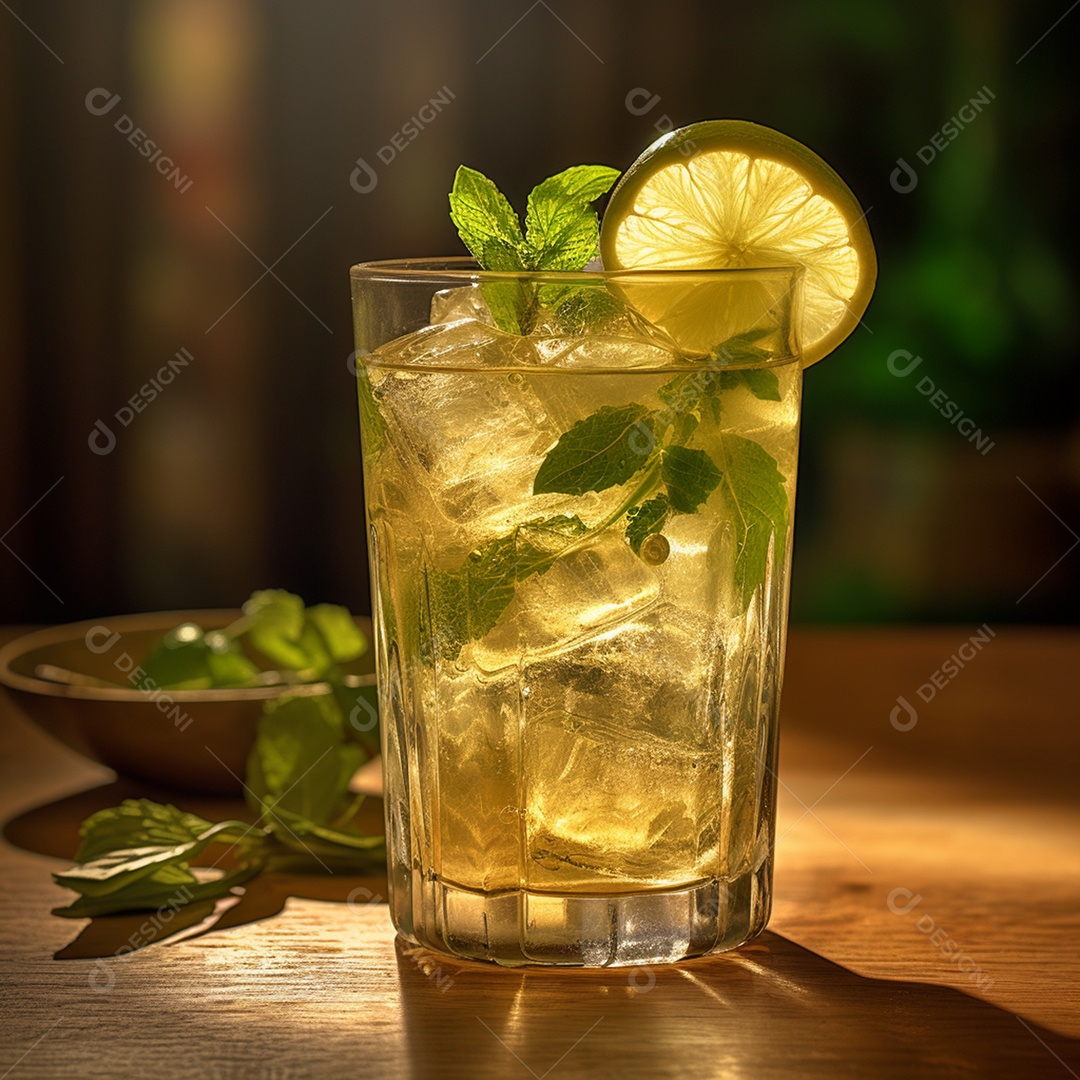 Copo de bebida alcoólica sobre a mesa de madeira